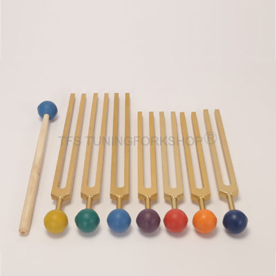 Gold Finish 7 Chakra Tuning Fork Set with color balls