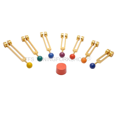 Gold Finish 7 Chakra Tuning Fork Set with color balls
